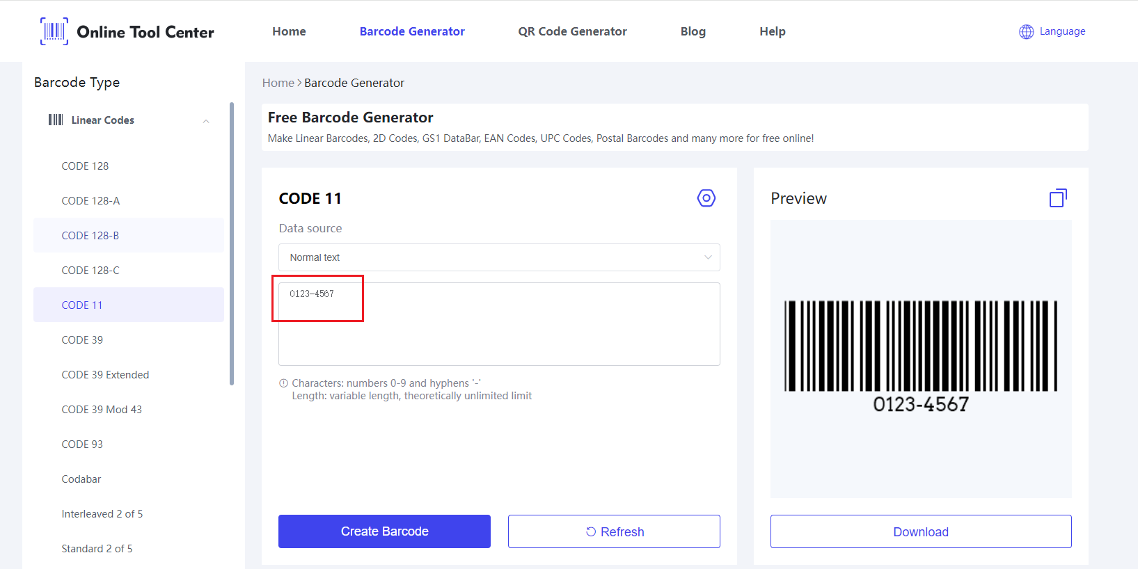 Nhập dữ liệu trên Code 11 Barcode Generator.png