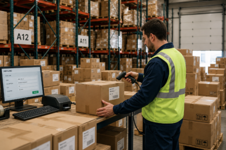 scanning barcodes in warehouse quét mã vạch trong kho